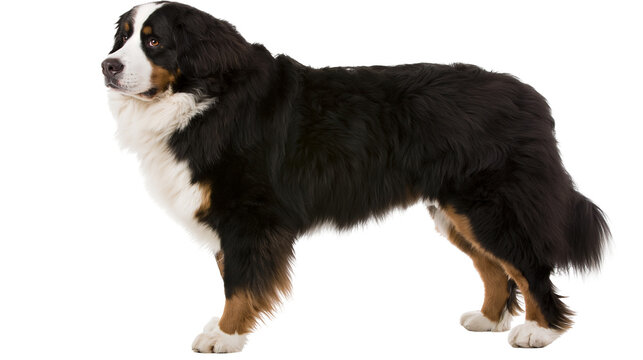 Bernese Mountain Dog standing with black white and tan tricolor fur