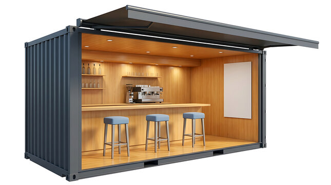 Container coffee shop with modern bar, espresso machine, and stools, ready for business