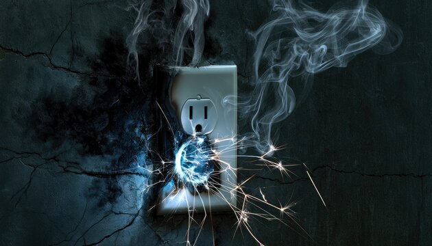 Electrical short circuit causing fire hazard with smoke and sparks from wall outlet.