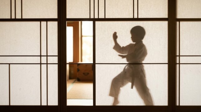 Boy Practicing Karate Behind Japanese Shoji Screen