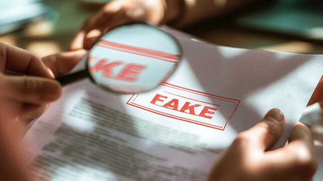 Person examining a document marked with a red fake stamp through a magnifying glass.