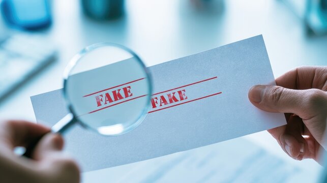 Investigating a fake document with a magnifying glass.