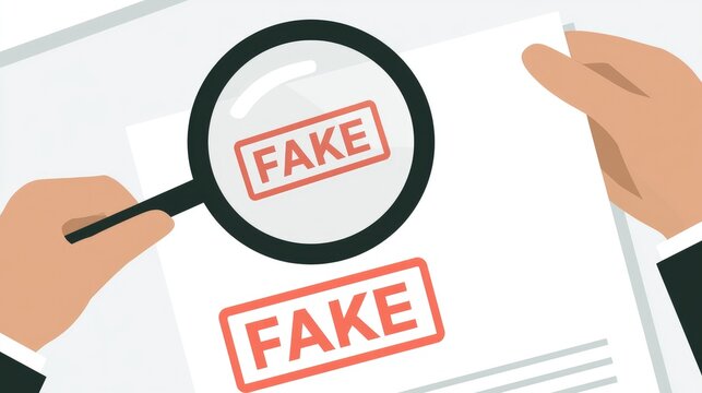 Person examining a document with a magnifying glass revealing a fake stamp.