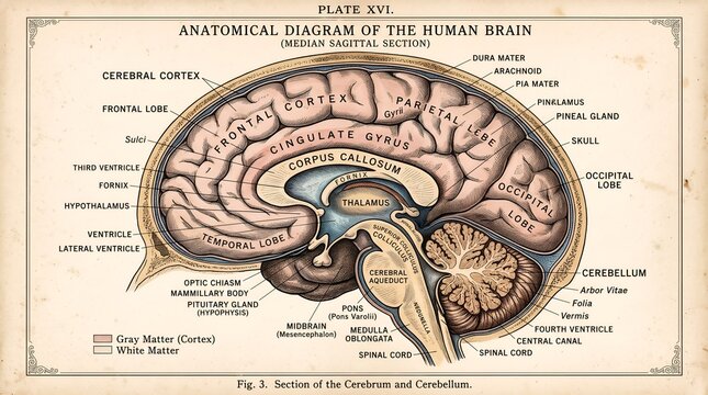 Vintage anatomical diagram of the human brain showing sagittal section