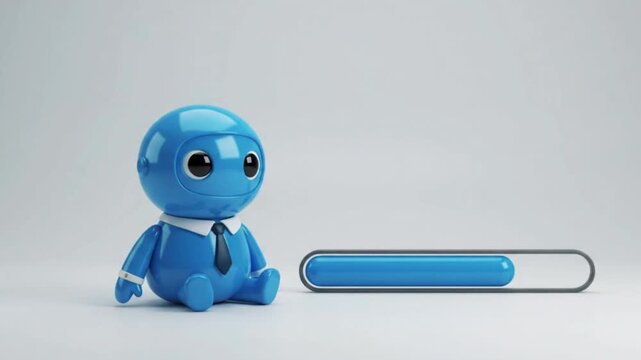Cute 3D Blue Character Robot in Tie Sitting Beside Loading Bar