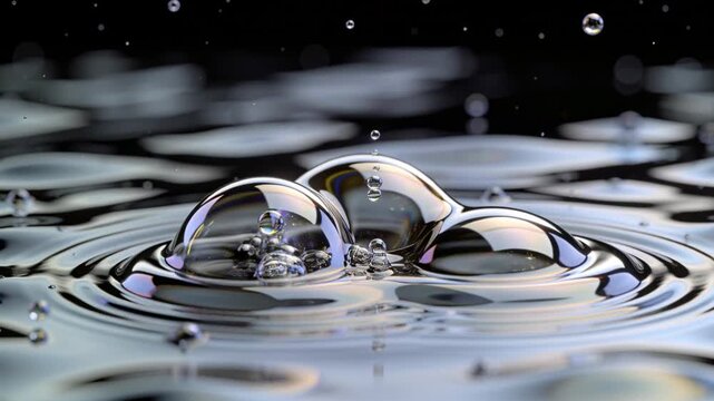 Shifting rainbow soap bubble cluster reforming on liquid pool as falling droplets producing ripples