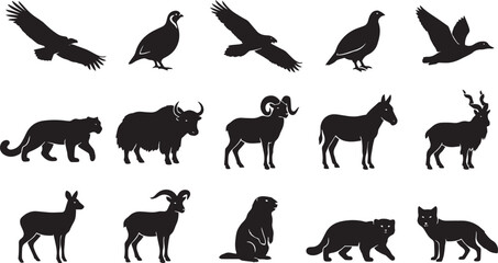 Obraz premium Set of black silhouettes of central asian wildlife, including birds of prey, mountain mammals, ungulates, and predators on a white background