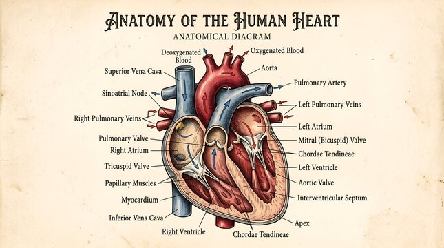 Anatomical diagram of the human heart with labeled parts on vintage paper
