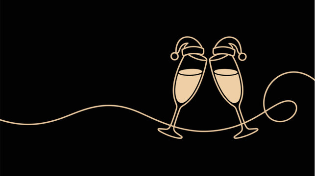 Two Champagne Flutes with Santa Hats Minimal Line Drawing with Left Copy Space for New Year Party and Christmas Card