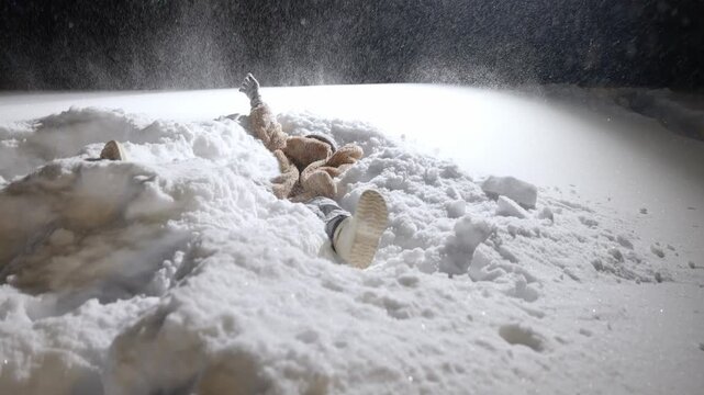 A group of cheerful people is having fun in white, sparkling, fluffy snow on a winter evening. A young guy jumps up and falls into a snowdrift. The atmosphere is of happy New Year holidays.