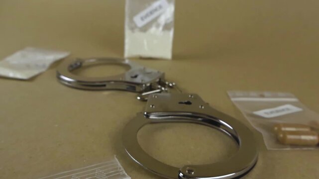 Steel handcuffs and several evidence bags containing illicit narcotics, such as powders and pills, lying on a table as crucial proof from a police investigation or criminal bust in a forensic lab