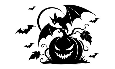 Fototapeta premium Angry Jack O Lantern Pumpkin with Flying Bats Silhouette Vector