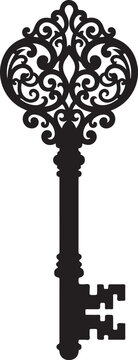 Isolated black silhouette of an ornate vintage skeleton key with intricate decorative filigree patte