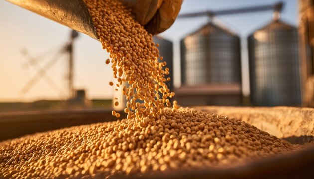 Golden Soybeans Being Loaded into Storage Silos at Sunset.