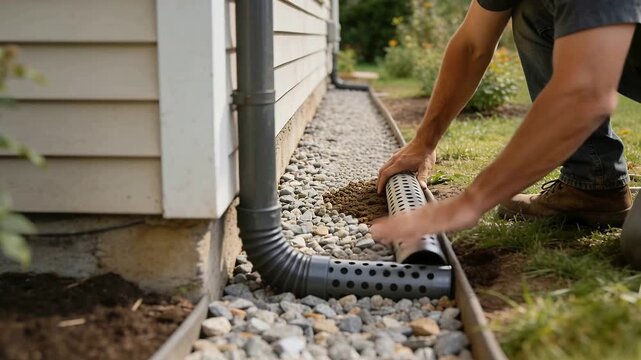 Picking up perforated pipe shirted man seating to downspout at side yard diverting water