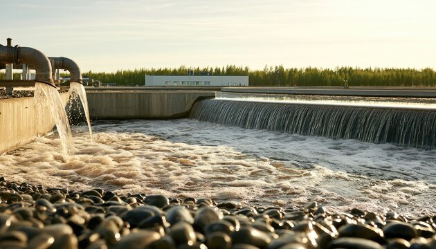 Industrial wastewater treatment facility with flowing water and stone filter bed.