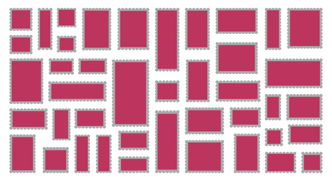 Blank postage stamp frame collage grid vector set with scalloped borders for photo collage layout, mailer sticker templates, and post mark label collection in maroon solid style. Vector illustration