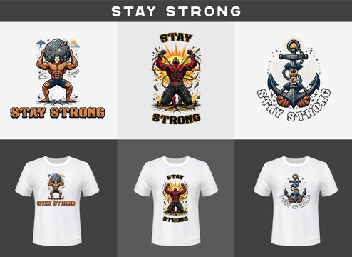 Stay Strong T-shirt Vector Bundle with Bodybuilder Lifting Boulder, Chain Breaker, and Heavy Anchor Illustrations