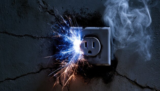 Electrical short circuit with sparks and smoke from a wall outlet.
