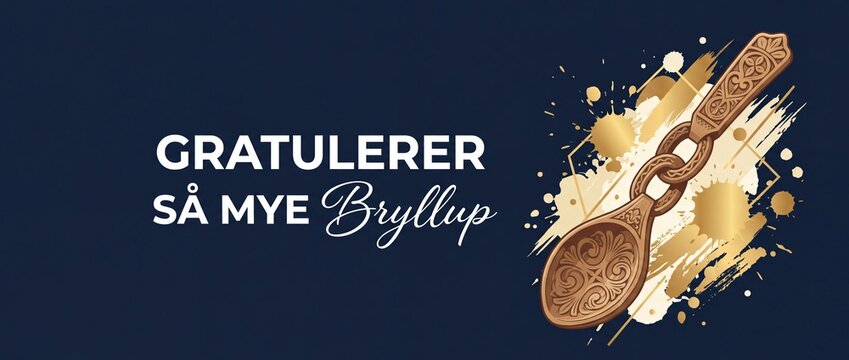 Norwegian wedding banner gratulerer bryllup features traditional carved wooden spoon with gold paint splash on dark background for scandinavian marriage celebration card banner poster art design