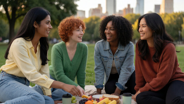 Vier Freundinnen mit klar unterschiedlichen Erscheinungsbildern verbringen gemeinsam Zeit bei einem Picknick. Die Szene eignet sich f&uuml;r Freundschaft, soziale Kontakte, Vielfalt und Freizeit.