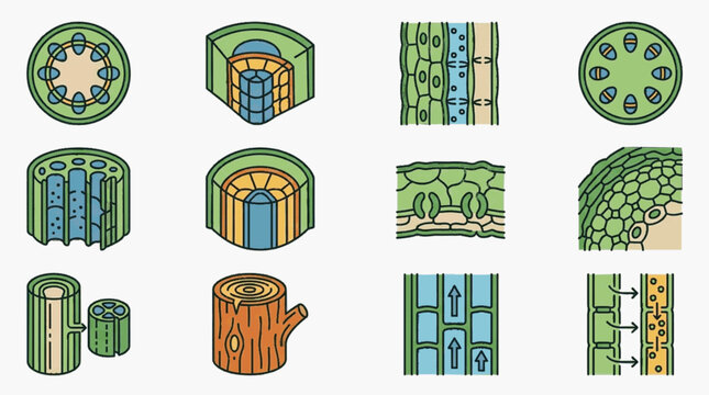 Collection of botanical diagrams showing plant tissue cross-sections, xylem and phloem transport vessels, stomata structure, monocot and dicot stem anatomy, and tree wood grain details.