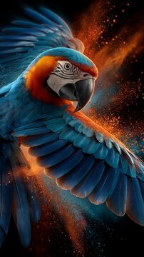 A vibrant blue and gold macaw with spread wings set against a dark background filled with orange and blue particle effects.