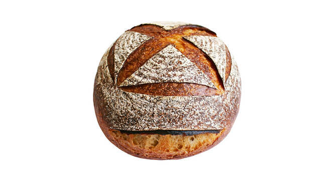 Round sourdough bread loaf with crispy dark brown crust and scored top pattern