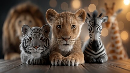 Fototapeta premium Three baby animals including a tiger, lion and zebra rest on a wooden surface with blurred adult animals in the background.
