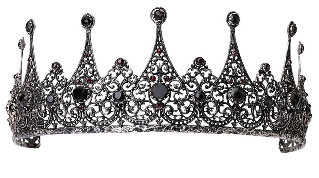 Ornate gothic black metal crown with dark gemstones and intricate filigree design