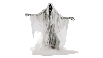 Scary grim reaper figure with skeletal hands and tattered white fabric shroud
