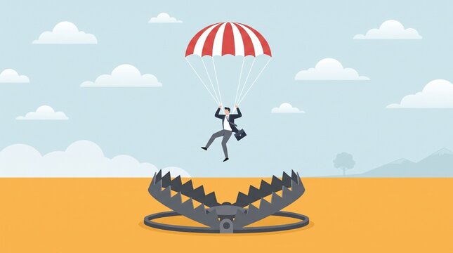 Businessman landing with parachute directly into a giant bear trap conceptual illustration for business risk and pitfall