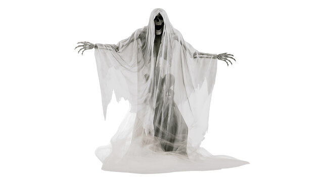 Scary grim reaper figure with skeletal hands and tattered white fabric shroud