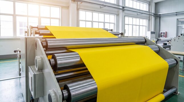 Printing machine with yellow paper roll running through metal rollers in bright factory workshop. Industrial printing press production line with large windows and clean interior.
