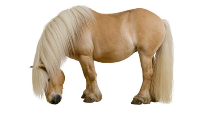 Palomino Haflinger pony with long blonde mane and tail grazing © Theodore