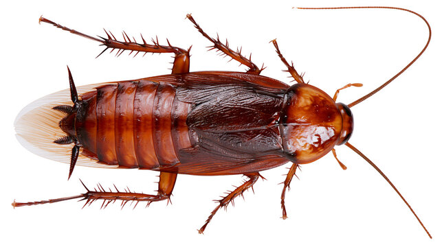 Brown American cockroach with long antennae and spiny legs top view