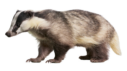 European badger standing in profile with black and white striped fur © Theodore