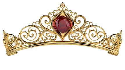 Ornate gold tiara with intricate filigree patterns and a large central red ruby © Theodore