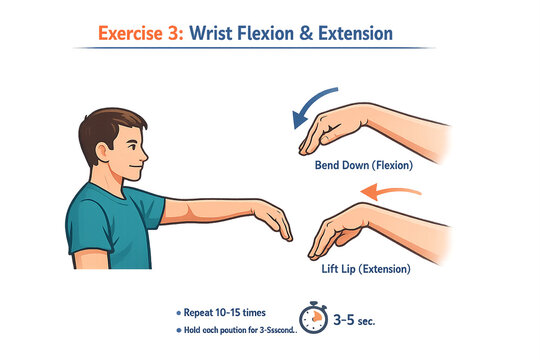 Man demonstrates wrist flexion and extension movements. Hands show bending down and lifting up motions. Instructions specify repetition and hold duration clearly. Illustration uses simple