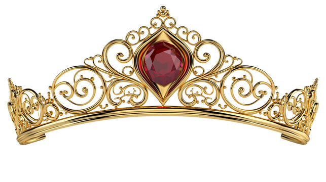Ornate gold tiara with intricate filigree patterns and a large central red ruby