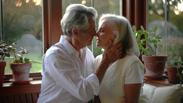 Cupping wife's face, man in shirt leaning, kissing at sunroom window, wedding band showing love