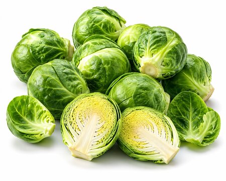 Fresh Brussels sprouts arranged naturally with one cut open revealing tightly packed leafy interior, featuring rich green gradients, realistic texture, subtle moisture highlights, premium styling, str