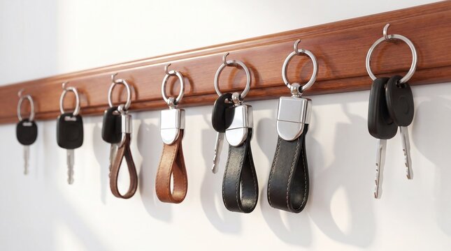 Row of keys with leather keychains hanging on wooden wall hooks. Organized entryway storage with car keys on rings in white interior. Home organization and real estate concept.