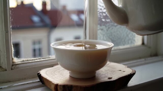 Pouring warm tea from teapot spout to fill white ceramic bowl on windowsill, entering from right