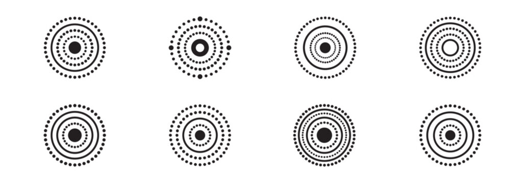 Concentric circle target icon set. Dotted radial pattern, radar scope, circular target focus, ripple dot pattern and round geometric ornament. Vector illustration.