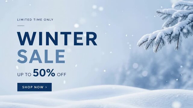 Winter sale banner with 50 percent discount, snowy landscape and frosty pine branch for promotion