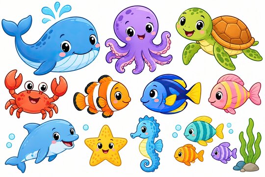Cute pixel art sea animal collection isolated on white background