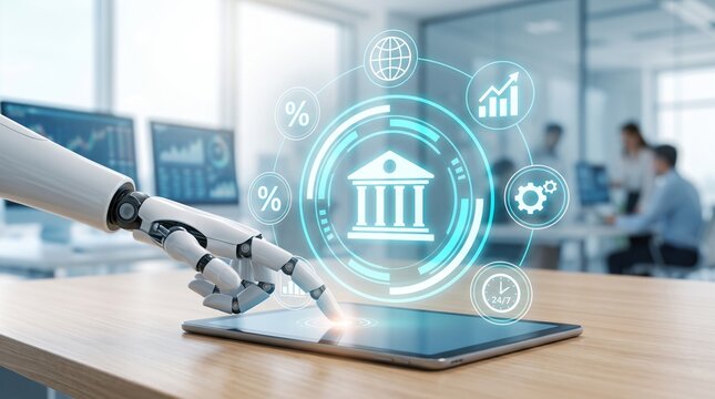 Robotic hand touching digital tablet displaying banking interface with financial icons used for automated banking services and artificial intelligence driven financial management tools. 