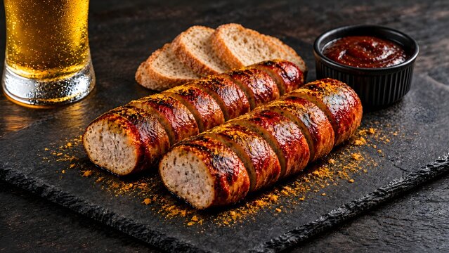 K&ouml;stliche gegrillte Bratw&uuml;rstchen mit Baguette,Curry und scharfer Grillsauce arrangiert auf eine Schieferplatte.