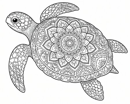 Black and white sea turtle drawing made of decorative patterns